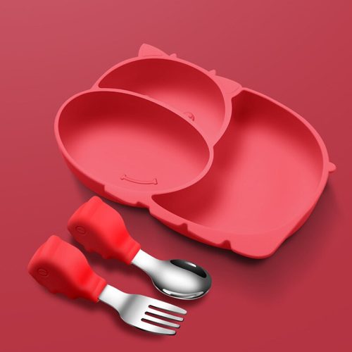 Piros víziló alakú szilikon tányér gyerekeknek rekeszekkel alján tapadókoronggal